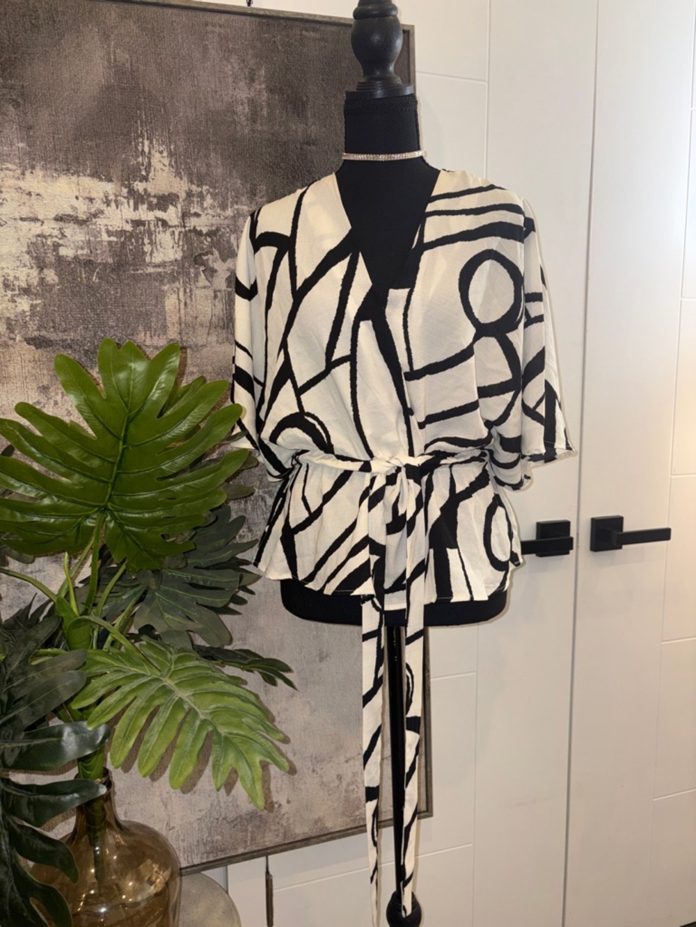 Sweet Rain Black and White Abstract Wrap Tunic